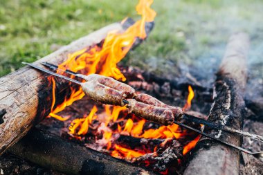 Kazıkta bir şişte kırsal sosis. Sosisler ormanda açık bir ateşte kızarır. Kamp yemeği.