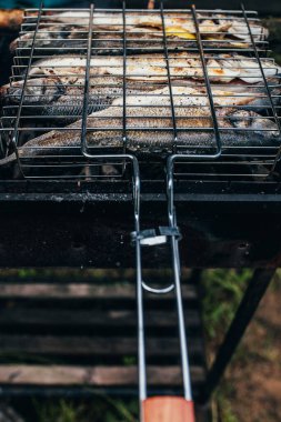 Izgaradaki ızgaranın birinci şahıs görüntüsü - kızgın kömürde balık kızartma - düşük kalorili besin diyeti