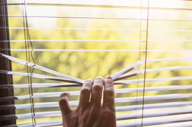 Parmaklar penceredeki perdeleri büker - bir kişi evin dışına bakar ve havayı ve evin yakınında neler olduğunu değerlendirir - açık hava gözlemi