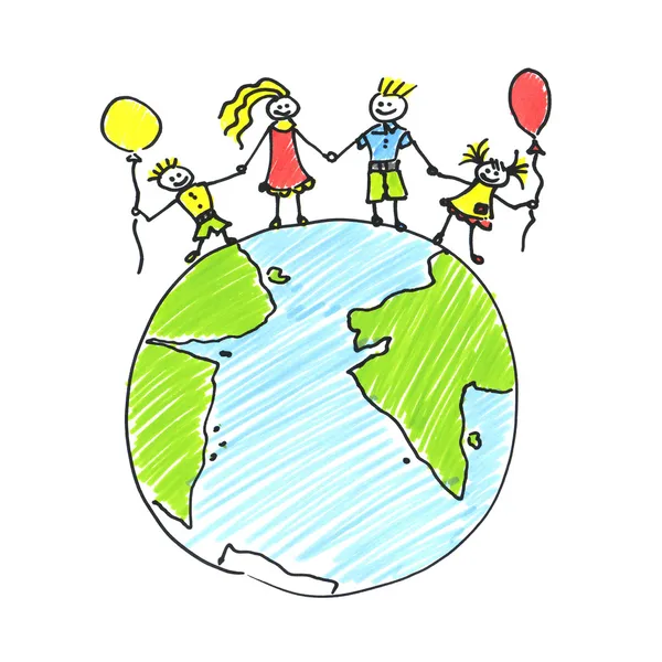 Child's drawing happy family on the planet earth — Stock Photo, Image