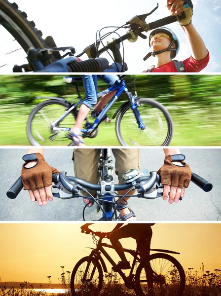 Collage de fotografías sobre el tema de la recreación ciclista Imágenes de stock libres de derechos