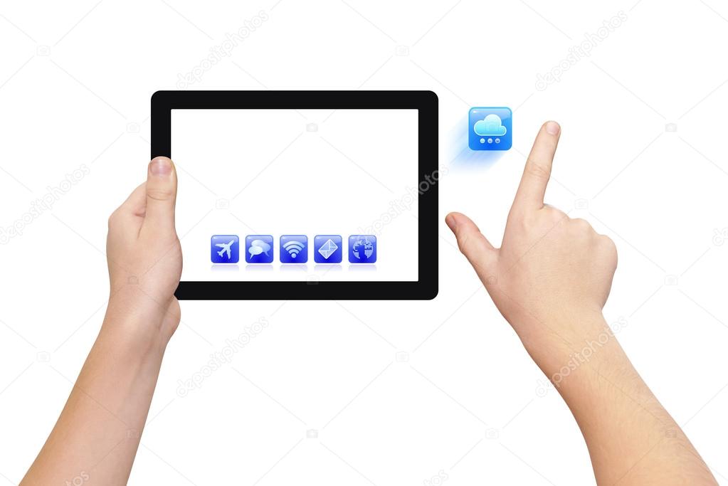 Hands, tablet pc & cloud icon, zoom