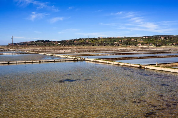 Pohled na soli odpařováním rybníků v secovlje — Stock fotografie