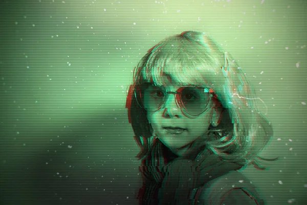 Child Sunglasses Wig Posing Photo Shoot Glitch Effect — Stock Photo, Image