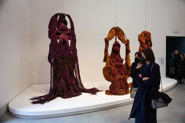 VENICE, ITALY - April 20: View of the Mrinalini Mukherjee's hemp figures titled Devi, Rudra and Vanshree at the 59th Venice biennale on April 20, 2022