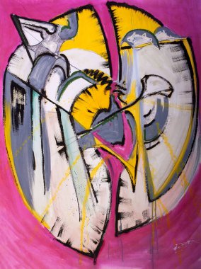 Colorful abstract painting, mixed media. Decoration made with fuchsia, yellow, white and gray acrylic colors