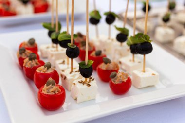 Lezzetli mezeler, yumuşak keçi peyniri, zeytin, nane yaprağı, domates, ton balığı sosu ve parti için kapari.