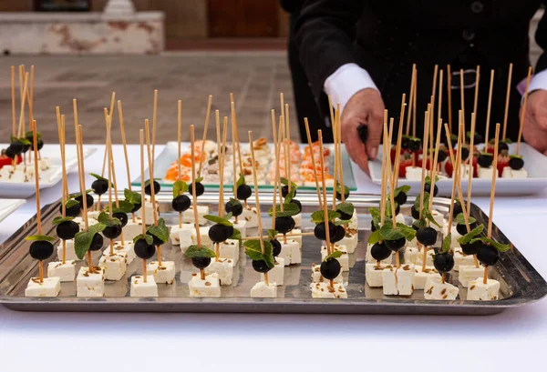 Preparation Delicious Appetizers Soft Goat Cheese Olives Mint Leaves Party — Stok fotoğraf