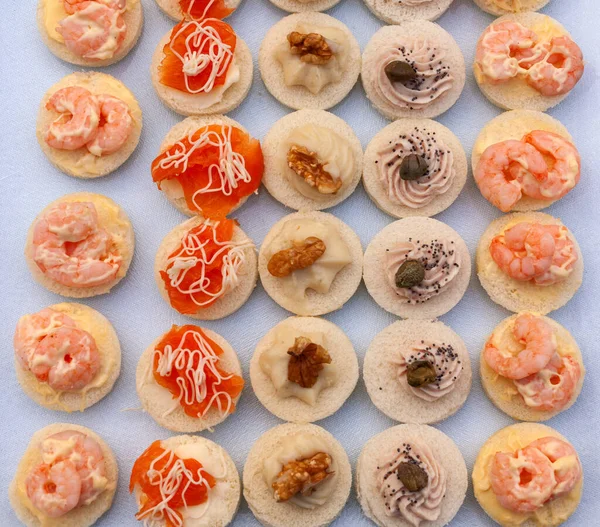 Flat Lay Delicious Seafood Canapes Made Salmon Shrimps Tuna Sauce — Stockfoto