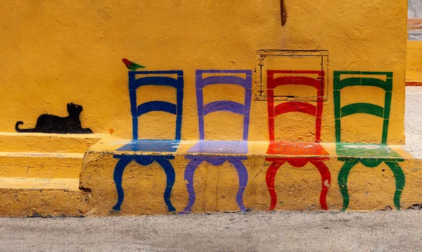 Famous Illustration Linosa Wall Cat Looking Bird Sitting Chair Pelagie — Stock Photo, Image