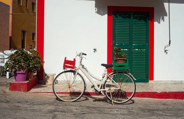 Vista Vaso Flores Turísticas Uma Bicicleta Casa Colorida Típica Fundo — Fotografia de Stock