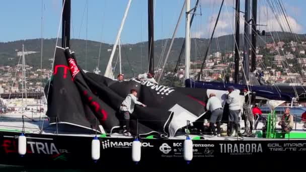 Trieste Italy October Crew Sailboat Haul Sails Barcolana Regatta Trieste — Stock Video