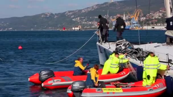 Trieste Italy October Team Barcolana Service Inflatable Boat Helping Moor — Stock Video