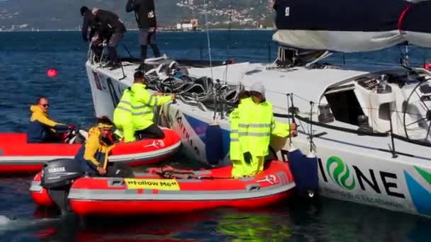 Trieste Italy October Team Barcolana Service Inflatable Boat Helping Moor — Stock Video