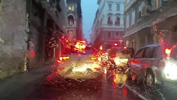 Trieste Italy September Rain Street Color Lighting Traffic Evening View — Stock Video