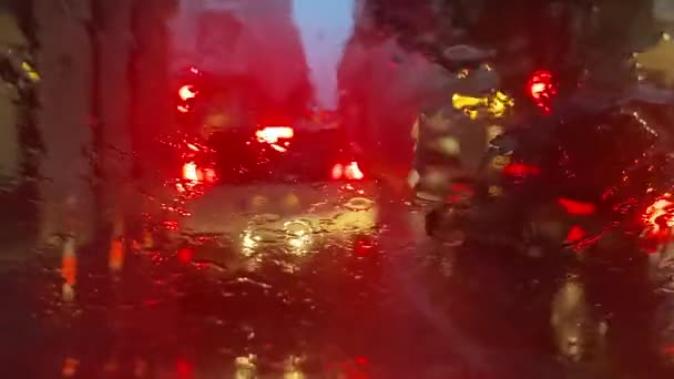 Trieste Italien September Regn Gatan Med Färgbelysning Trafikkväll Utsikt Från — Stockvideo