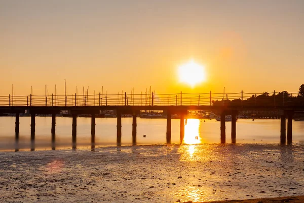 High Quality Photo Pier Sundown Wooded Bridge Seaside Sunset Strunjan — Foto de Stock