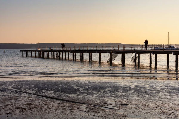 High Quality Photo Pier Sundown Wooded Bridge Seaside Sunset Strunjan — Stockfoto