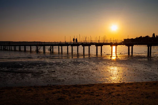High Quality Photo Pier Sundown Wooded Bridge Seaside Sunset Strunjan — Stok fotoğraf