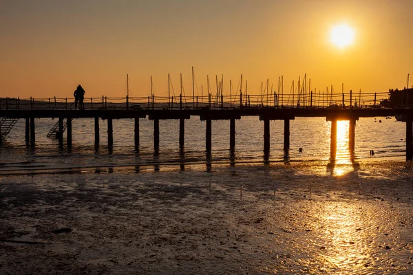High Quality Photo Pier Sundown Wooded Bridge Seaside Sunset Strunjan — Stok fotoğraf