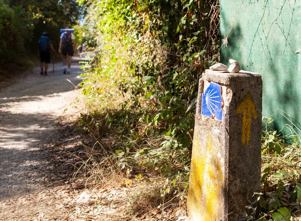 Pilgrims Have Just Passed Yellow Scallop Shell Typical Sign Ofthe — Foto Stock