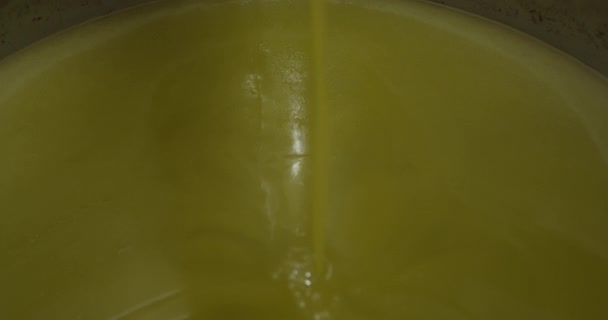 ミル業界の最終パイプから出てくる緑のオリーブオイル 抽出機エキストラバージンオイル液体フロー — ストック動画