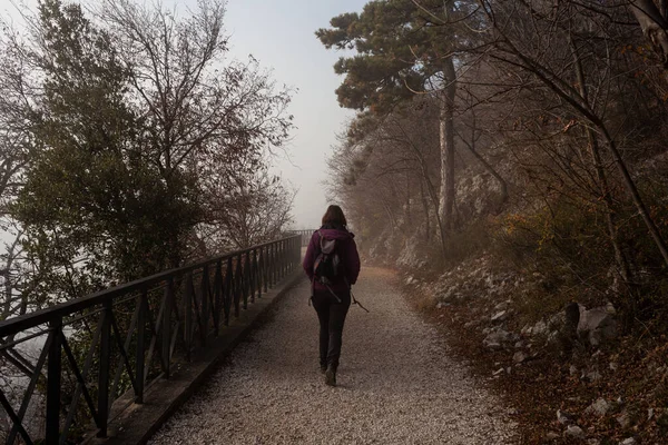 Widok Tyłu Kobiety Chodzącej Samotnie Wiejskiej Mglistej Ścieżce Nazwie Napoleonica — Zdjęcie stockowe