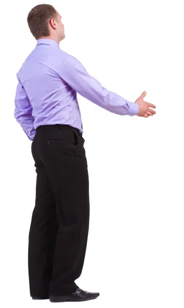 Back view of business man in shirt shake hands — Stock Photo, Image