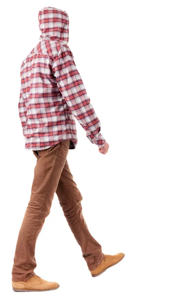 Back view of going guy in a plaid shirt with hood — Stock Photo, Image