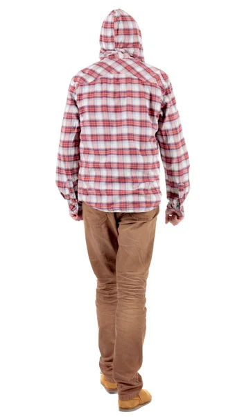 Rückansicht des laufenden Kerl im karierten Hemd mit Kapuze — Stockfoto