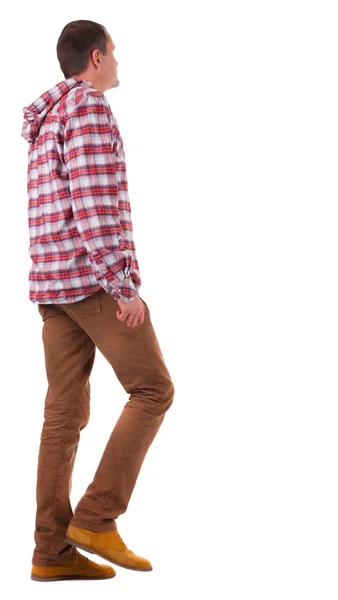 Back view of going guy in a plaid shirt with hood — Stock Photo, Image