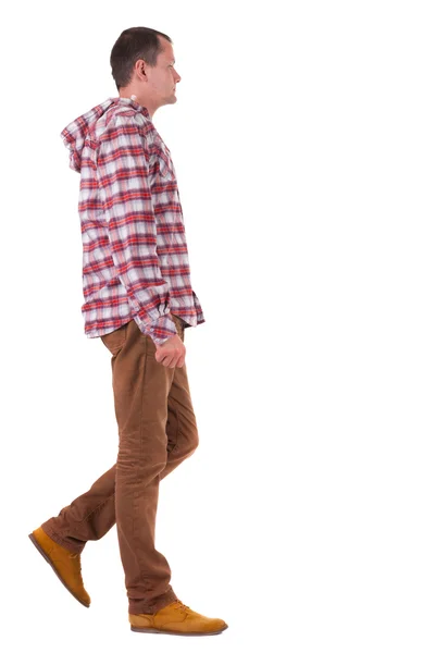 Back view of going guy in a plaid shirt with hood. — Stock Photo, Image