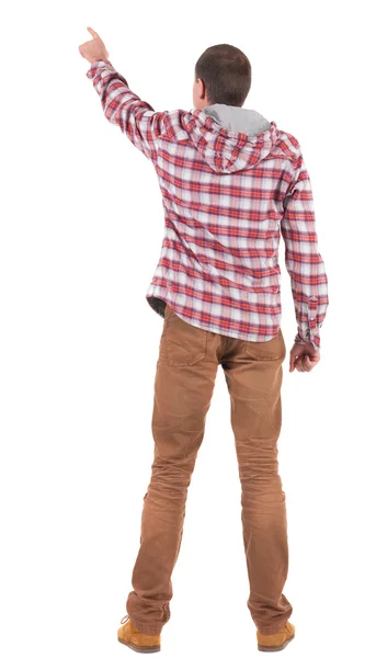 Vista posterior de apuntando a los jóvenes en camisa a cuadros con capucha —  Fotos de Stock