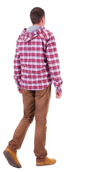 Achteraanzicht van gaan kerel in een plaid shirt met kap. — Stockfoto