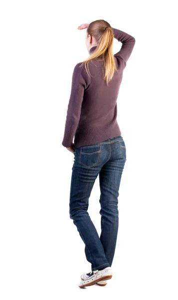 Back view of standing young beautiful blonde woman — Stock Photo, Image