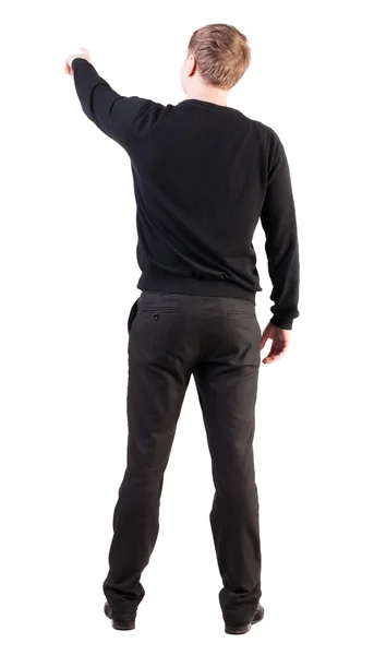 Vista posterior de apuntando a jóvenes empresarios en suéter negro —  Fotos de Stock