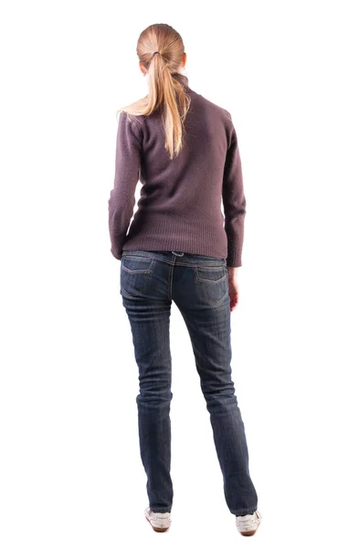 Back view of standing young beautiful blonde woman in sweater — Stock Photo, Image