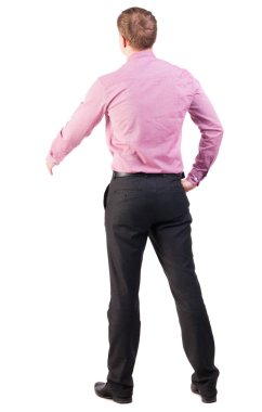 back view of businessman in red shirt out to shake hands clipart