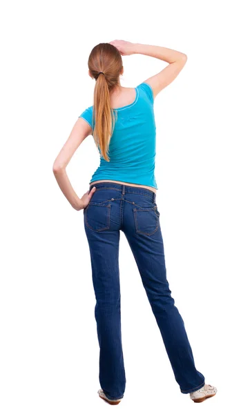 Back view of standing young beautiful blonde woman — Stock Photo, Image