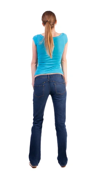 Back view of standing young beautiful blonde woman — Stock Photo, Image