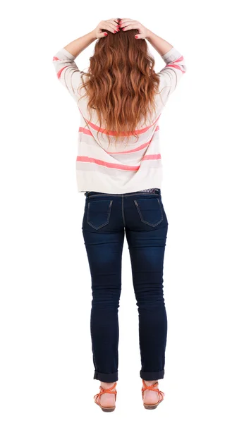 ショックを受けた赤毛の女性の背面図 — ストック写真