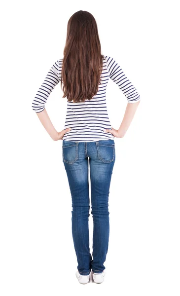 Back view of standing young beautiful brunette woman — Stock Photo, Image