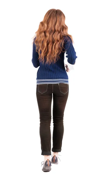 Back view of jumping woman in jeans. — Foto de Stock