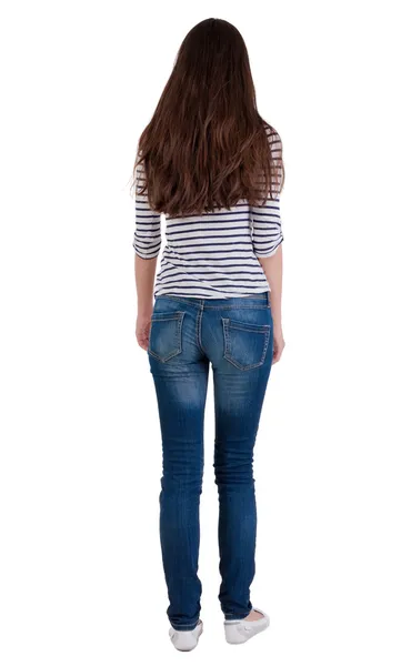 Back view of standing young beautiful brunette woman. — Stock Photo, Image