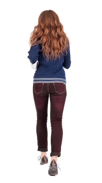 Back view of jumping woman in jeans. — Foto de Stock