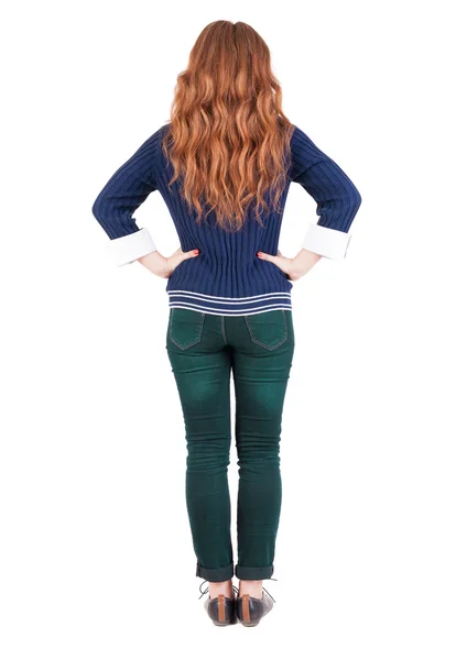 Back view of standing young beautiful redhead woman. — Stock Photo, Image