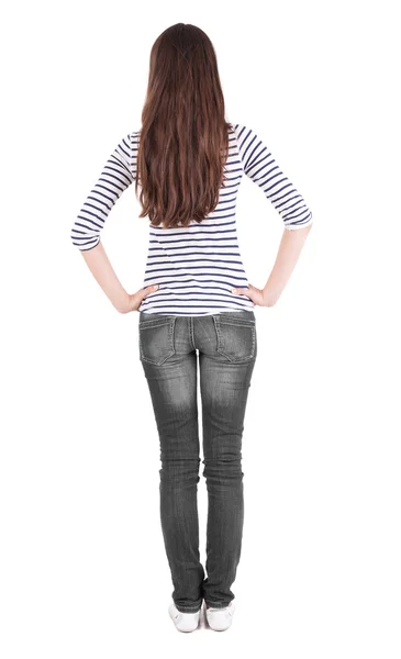 Back view of standing young beautiful brunette woman. — Stock Photo, Image