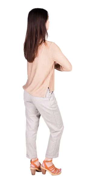 Back view of standing young beautiful brunette woman. — Stock Photo, Image