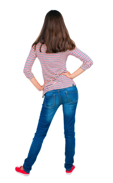 立っている若いブルネット美女の背面図. — ストック写真