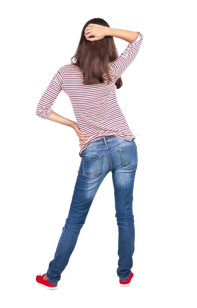 Back view of standing young beautiful brunette woman. — Stock Photo, Image